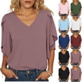 thumbnail image 1 of Zynoxe Womens 3/4 Ruffled Sleeve Tops Casual Solid Color V-neck Blouses for Daily Wear Summer Loose Flowy Business Work Shirt Tops Blue XL, 1 of 6