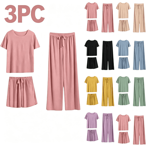 Zynoxe Womens 3 Piece Pajamas Set Solid Color Soft Crew Neck Short Sleeve Shirts Drawstring Pants and Shorts Lounge Sets for Homewear