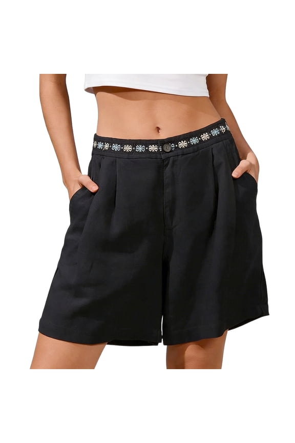 Womens Bermuda Shorts Casual Boho Embroidered Elastic Waist Button Plus Size Shorts Summer Loose Fit Peasant Gauze Wide Leg Cotton Linen Shorts with Pockets Black XXXXL