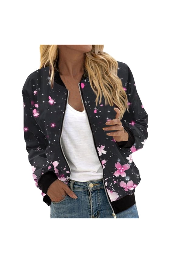 Womens Bomber Jacket Trendy Floral Printed Rib Stand Collar Zip Up Long Sleeve Casual Jacket Streetwear Loose Versatile Fashion ClothesPinkL