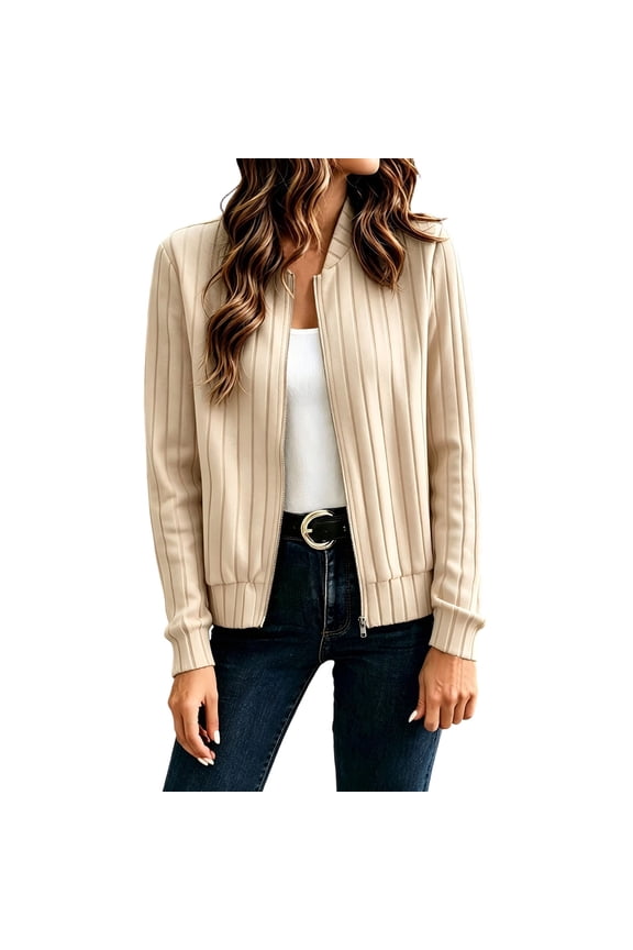 Womens Bomber Jackets Vertical Ribbed Stand Collar Full Zip Up Long Sleeve Short Jacket Casual Loose Fit Business Work Office Suit Jackets Beige S