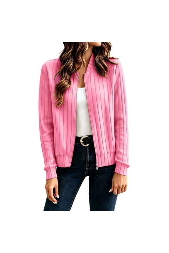 Womens Bomber Jackets Vertical Ribbed Stand Collar Full Zip Up Long Sleeve Short Jacket Casual Loose Fit Business Work Office Suit Jackets Pink 2XL