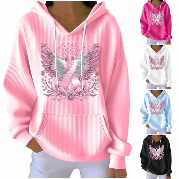 Zynoxe Womens Breast Cancer Awareness Hoodies Casual Soft Ribbed Knit Drop Shoulder Long Sleeve Lounge Hooded Sweatshirt with Pocket Hot Pink2 M