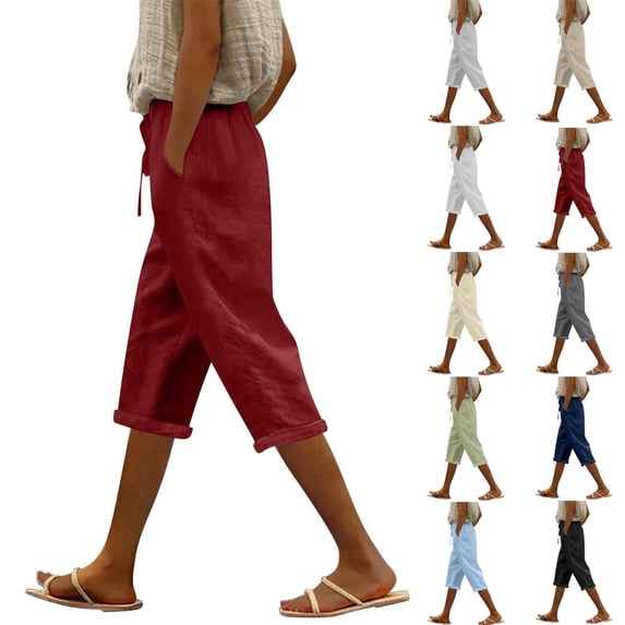 Zynoxe Womens Capri Pants Summer Solid Color Elastic Waist Drawstring Peasant Gauze Cropped Pants with Pockets Cotton Linen Straight Lounge Pants Light Blue 2XL