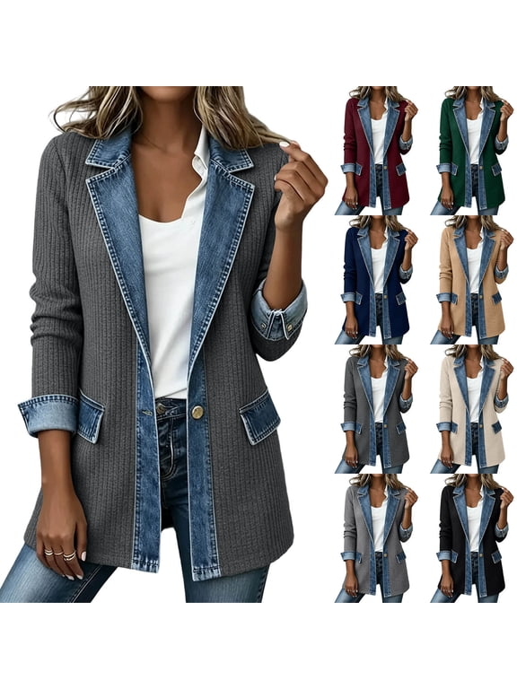Womens Casual Denim Patchwork Lapel Jeans Jacket Open Front Button Long Sleeve Cardigan with Pockets Dark Blue 2XL