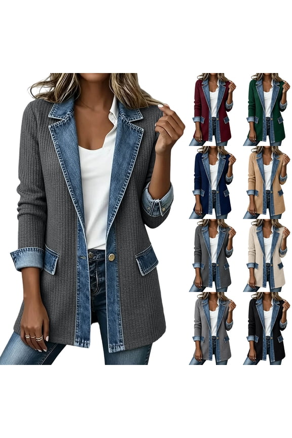 Womens Casual Denim Patchwork Lapel Jeans Jacket Open Front Button Long Sleeve Cardigan with Pockets Wine S