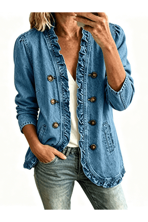 Womens Plus Size Denim Jackets Trendy Ruffle Open Front Double Breasted Long Sleeve Jean Jackets Lounge Fall Cardigan with Pockets Sky Blue 3XL