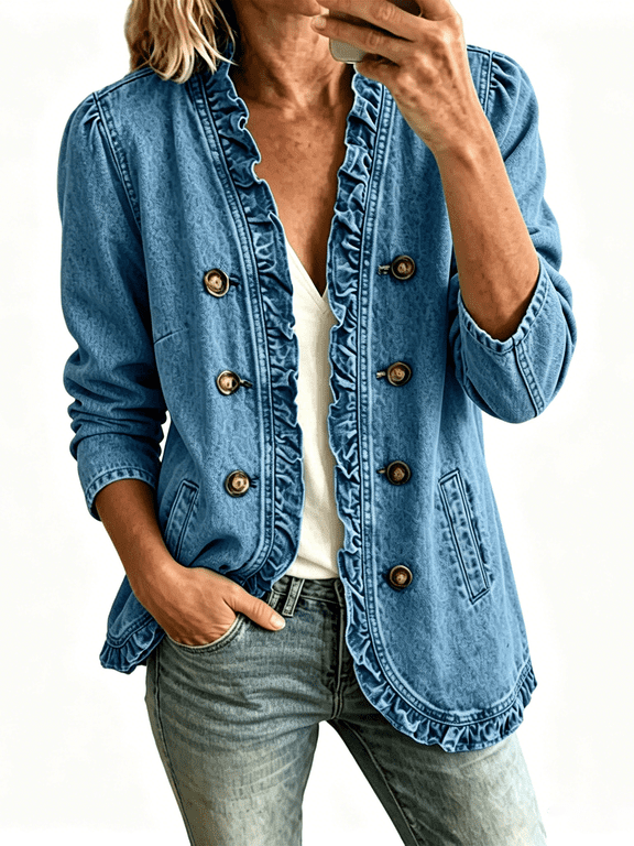 Womens Plus Size Denim Jackets Trendy Ruffle Open Front Double Breasted Long Sleeve Jean Jackets Lounge Fall Cardigan with Pockets Sky Blue 3XL