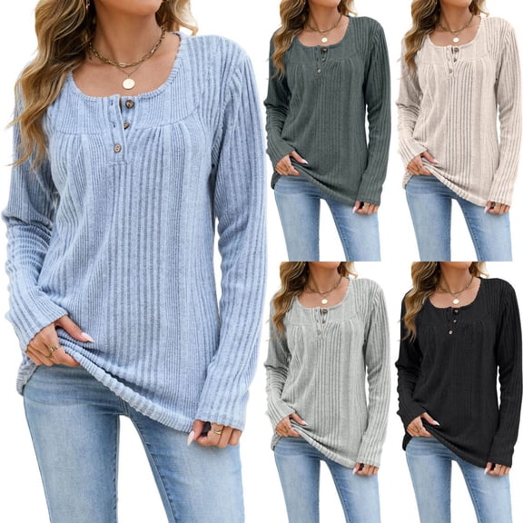 Zynoxe Womens Casual Sweatshirt Trendy Fall Soft Comfortable Vertical Wale Rib Round Neck Button Up Long Sleeve Flowy Tops for Daily Wear Beige L