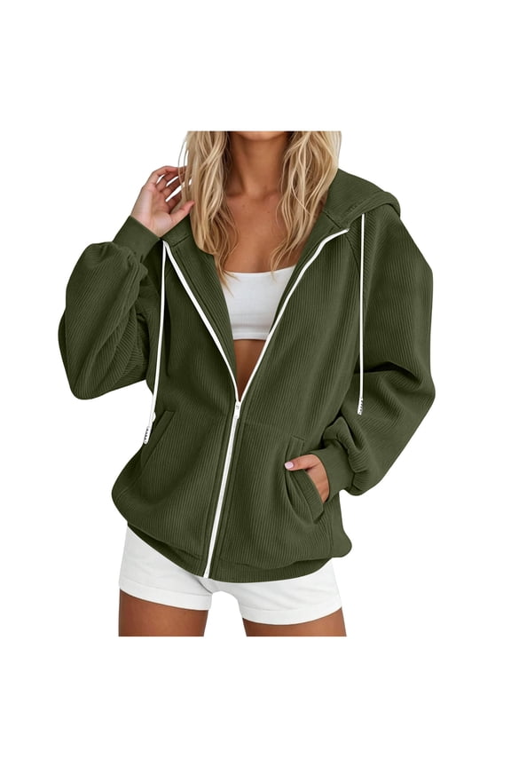 Womens Corduroy Jackets Lounge Drawstring Hood Zip Up Sweatshirt Jacket with Pockets Loose Fit Soft Outwear Jackets for Daily Wear Army Green M