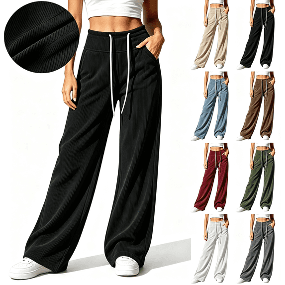 Zynoxe Womens Corduroy Pants Casual Soft High Waist Drawstring Wide Leg Pants with Pockets Vintage Straight Relaxed Lounge Trousers Black M