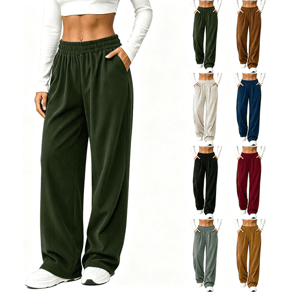 Zynoxe Womens Corduroy Pants Fall Warm Comfortable Elastic Waist Wide Leg Pants Casual Straight Relaxed Plus Size Sweatpants with Pockets Beige S