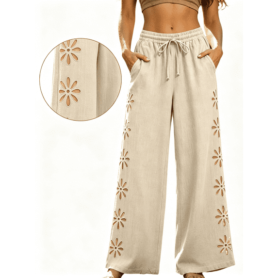 Zynoxe Womens Cotton Linen Boho Pants Summer Floral Cutout Elastic Waisted Wide Leg Pants Loose Straight Ventilate Vacation Beach Pants Beige XL