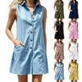 thumbnail image 1 of Zynoxe Womens Cotton Linen Dresses Casual Lapel Sleveless Button Down Mini Dresses Summer Breathable Peasant Gauze Lounge Beach Dresses with Pockets Navy S, 1 of 7