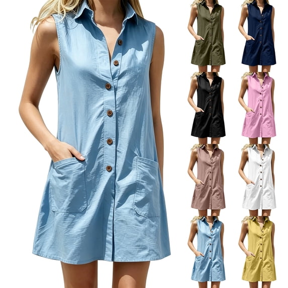 Zynoxe Womens Cotton Linen Dresses Casual Lapel Sleveless Button Down Mini Dresses Summer Breathable Peasant Gauze Lounge Beach Dresses with Pockets Navy S