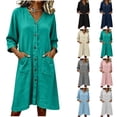 thumbnail image 1 of Zynoxe Womens Cotton Linen Dresses Summer V-neck 3/4 length sleeve Button Down Midi Dresses Lounge Peasant Gauze Business Work Dresses with Pockets Light Blue S, 1 of 7