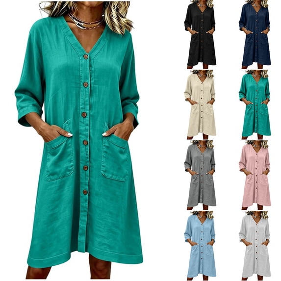 Zynoxe Womens Cotton Linen Dresses Summer V-neck 3/4 length sleeve Button Down Midi Dresses Lounge Peasant Gauze Business Work Dresses with Pockets Navy 2XL