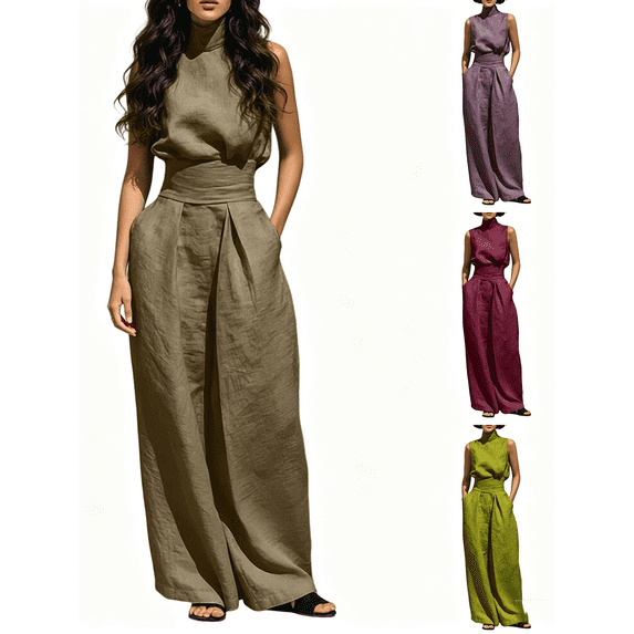 Zynoxe Womens Cotton Linen Sets Summer Elegant Tummy Control Tank Top and Wide Leg Pants Lounge Outfits Loose Peasant Gauze Vacation Matching SetsWine3XL