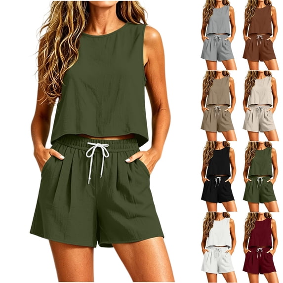 Zynoxe Womens Cotton Linen Short Sets Cropped Tank Top Drawstring Shorts Lounge Sets Lightweight Two Piece Matching Outfits with PocketsBlackM