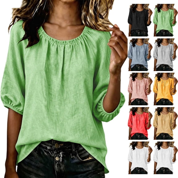 Zynoxe Womens Cotton Linen Tops Casual Ruched Crew Neck Mid-Length Sleeves Blouses Summer Flowy Solid Color Peasant Gauze Plus Size Tops Gray S