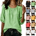 thumbnail image 1 of Zynoxe Womens Cotton Linen Tops Casual Ruched Crew Neck Mid-Length Sleeves Blouses Summer Flowy Solid Color Peasant Gauze Plus Size Tops Khaki M, 1 of 5
