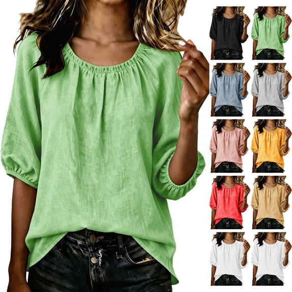 Zynoxe Womens Cotton Linen Tops Casual Ruched Crew Neck Mid-Length Sleeves Blouses Summer Flowy Solid Color Peasant Gauze Plus Size Tops Red S