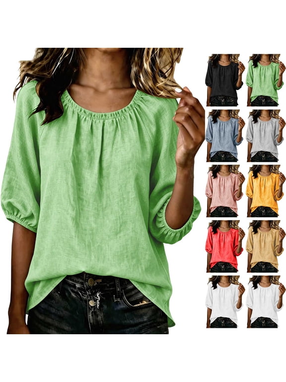 Womens Cotton Linen Tops Casual Ruched Crew Neck Mid-Length Sleeves Blouses Summer Flowy Solid Color Peasant Gauze Plus Size Tops White L