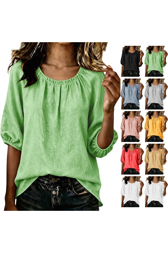Womens Cotton Linen Tops Casual Ruched Crew Neck Mid-Length Sleeves Blouses Summer Flowy Solid Color Peasant Gauze Plus Size Tops Yellow 2XL