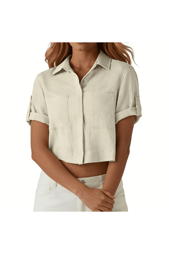 Womens Cotton Linen Tops Cropped Casual Lapel Short Sleeve Crop Top Blouses Summer Trendy Ventilate Button Down Plus Size Tops with Pockets Khaki S