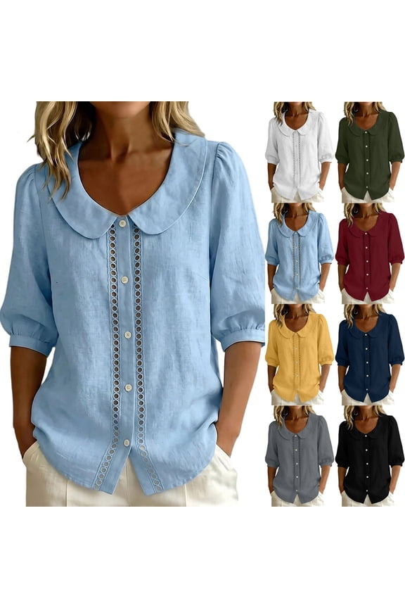 Womens Cotton Linen Tops Hollow Out Round Neck Puff Elbow Sleeves Boho Tops Summer Ventilate Loose Fit Peasant Gauze Business Work Tops Light Blue L