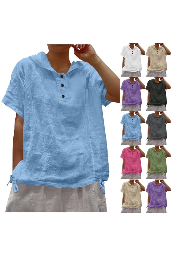 Womens Cotton Linen Tops Summer Button Up Hooded Short Sleeve Tops with Side Drawstring Loose Fit Peasant Gauze Casual Basic Tees Blue M