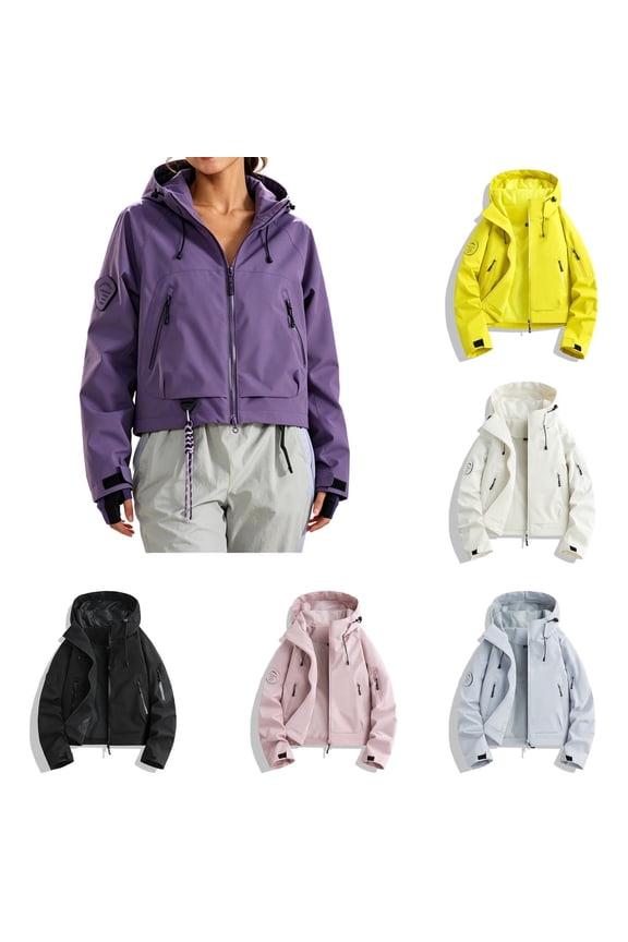 Womens Cropped Rain Jacket Lightweight Waterproof Breathable Drawstring Hood Zip Up Adjustable Cuffs Windbreaker with Zipper Pockets Pink S