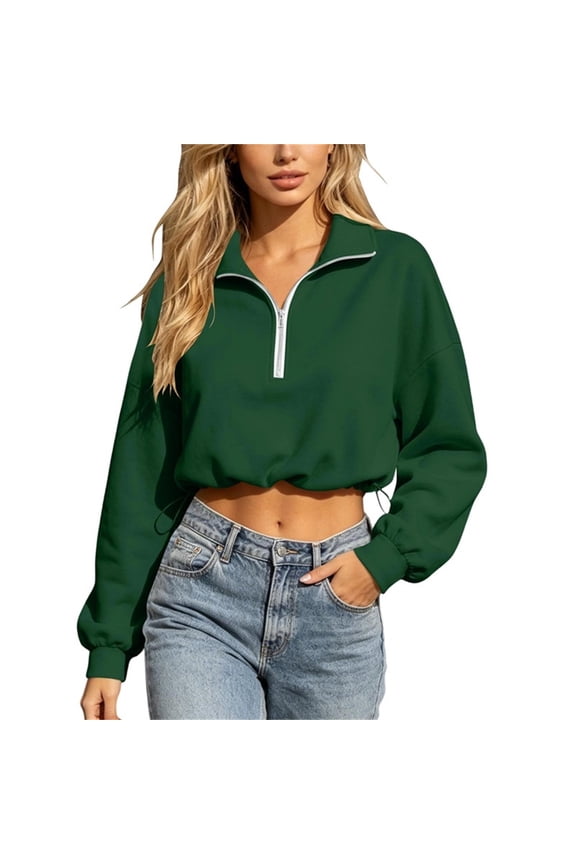 Womens Cropped Sweatshirt Streetwear Quarter Zip Lapel Drawstring Hem Long Sleeve Tops Trendy Pullover Game Day Daily Sweatshirt Green 2XL