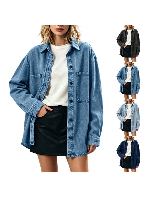 Womens Denim Jackets Trendy Washed Lapel Button Down Shacket with Chest Pockets Versatile Loose Fit Streetwear Comfortable Casual Jackets