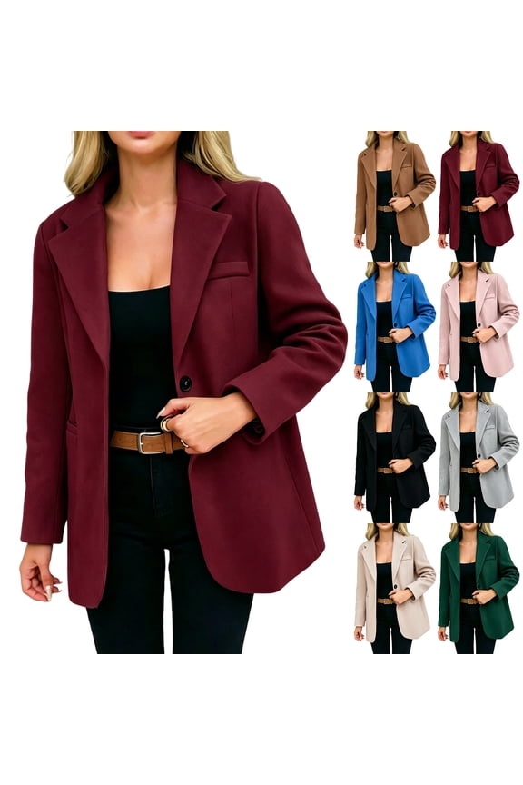 Womens Fall Casual Long Sleeve Lapel Plus Size Coat Solid Color Button Open Front Business Work Blazer Jacket with Pockets Beige L