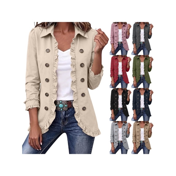 Zynoxe Womens Fall Jackets with Decorative Buttons & Ruffled Trim Lightweight Long Sleeve Open Front Jackets Classic Lapel Collar Jackets for Women Fashion Solid Color Casual Outerwear Dark Gray S