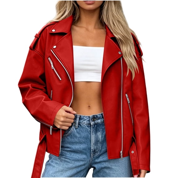 Zynoxe Womens Faux Leather Moto Jacket Trendy Windproof Lapel Zip Up Drop Shoulder PU Coat with Multi Zipper Pockets Fall Street Punk Casual Outerwear Red S