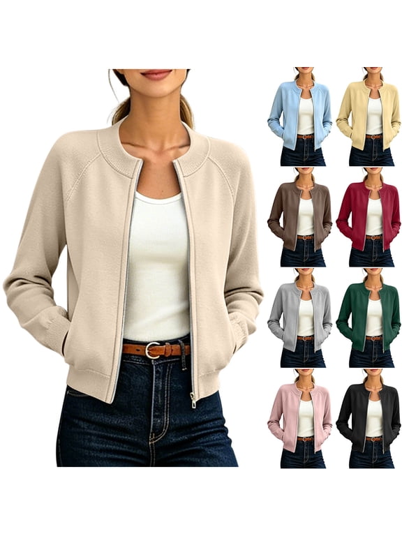 Womens Hoodless Long Sleeve Short Bomber Jacket Trendy Solid Color Crew Neck Zip-Up Jacket with Pocekts Red 2XL