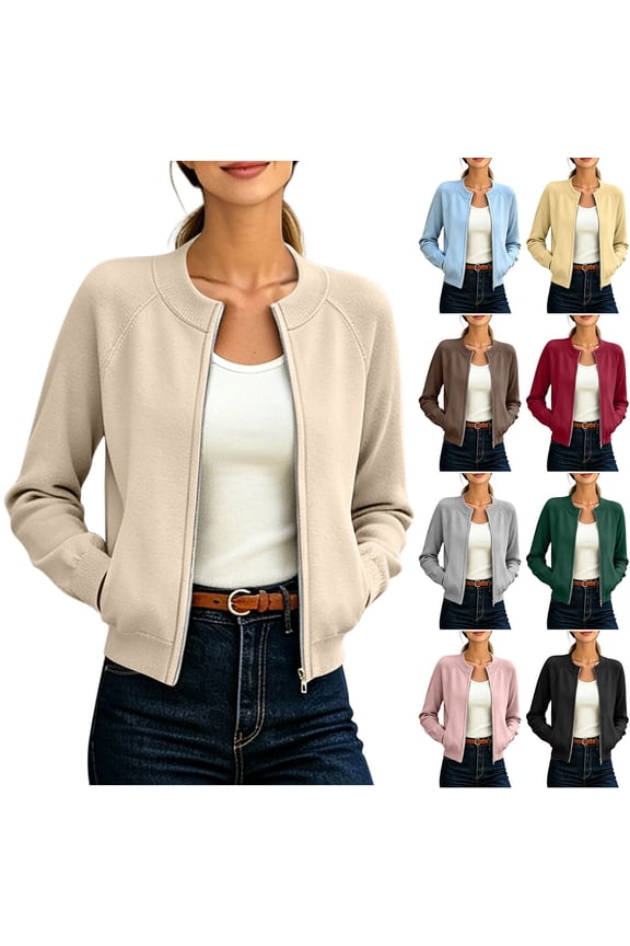 Womens Hoodless Long Sleeve Short Bomber Jacket Trendy Solid Color Crew Neck Zip-Up Jacket with Pocekts Red 2XL