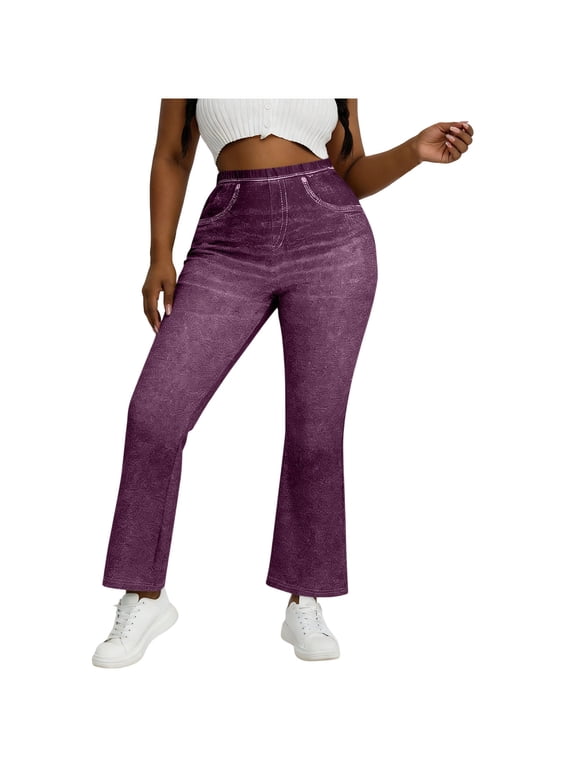 Womens Jeans with Fake Pocket Comfortable High Waisted Curvy-Fit Flare Jeans for Women Stretchy Ankle Length Trousers Fashion Printed Non-Denim Pants 2XL
