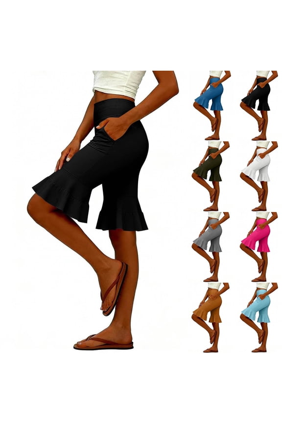 Womens Knee Length Yoga Pants High Waisted Tummy Control Ruffle Flare Hem Stretch Athletic Cropped Pants with Pockets White S