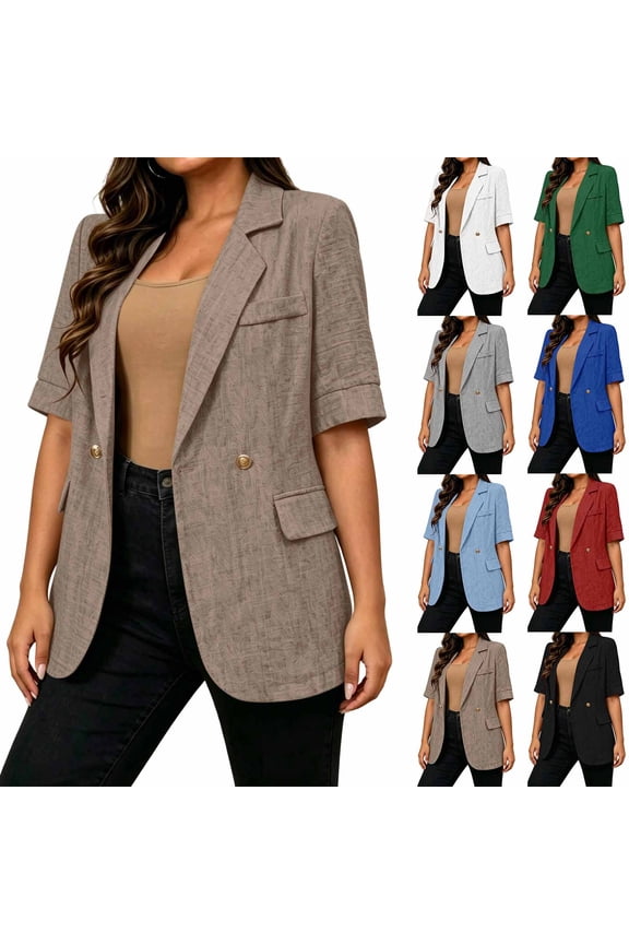 Womens Long Blazer Lounge Lapel Decorative Buttons Short Sleeve Work Cardigan Casual Business Office Blazer Jackets with Pockets Blue M