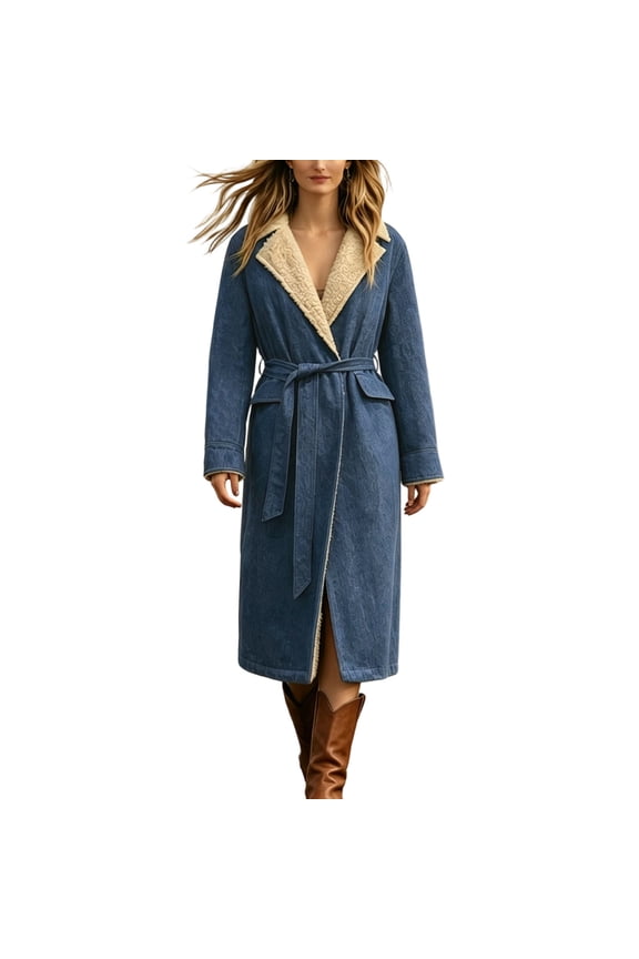 Womens Long Denim Jacket Winter Sherpa Lined Warm Lapel Drawstring Waist Open Front Western Relaxed Casual Overcoat with Pockets Blue L