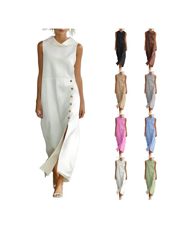 Womens Maxi Dresses Casual Solid Color Shawl Collar Sleeveless Sundress with Side Button Trendy Flowy Ventilate Plus Size Dresses for Daily Wear Gray S