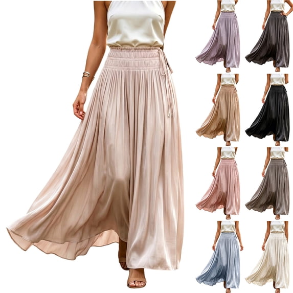 Zynoxe Womens Maxi Skirts Casual Ruched Elastic Drawstring High Waist Boho Skirts Versatile Elegant Dating Breathable Travel Boho Skirts White M