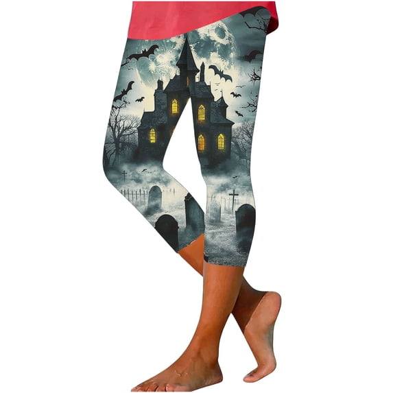 Zynoxe Womens Plus Size Capri Pants Lounge Halloween Printed Elastic Waist Leggings Fall Fashion Stretchy Slim Fit Sports Yoga Pants