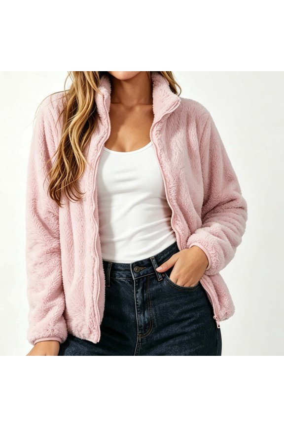 Womens Plus Size Jacket Winter Windproof High Density Double-Sided Fluffy Sherpa Fleece Jacket with Pockets Relaxed Straight Loungewear Jacket Pink 3XL