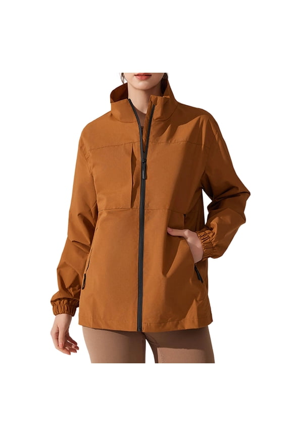 Womens Plus Size Rain Jacket Outdoor Lightweight Waterproof Stand Collar Zip Up Elastic Cuffs Windbreaker Jackets with Zipper Pockets Orange XL