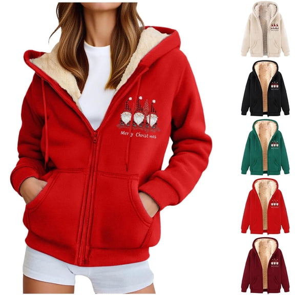 Zynoxe Womens Plus Size Sherpa Jacket Winter Warm Fashion Christmas Print Zip Up Drawstring Hooded Lined Fleece Coat with PocketsWhiteM