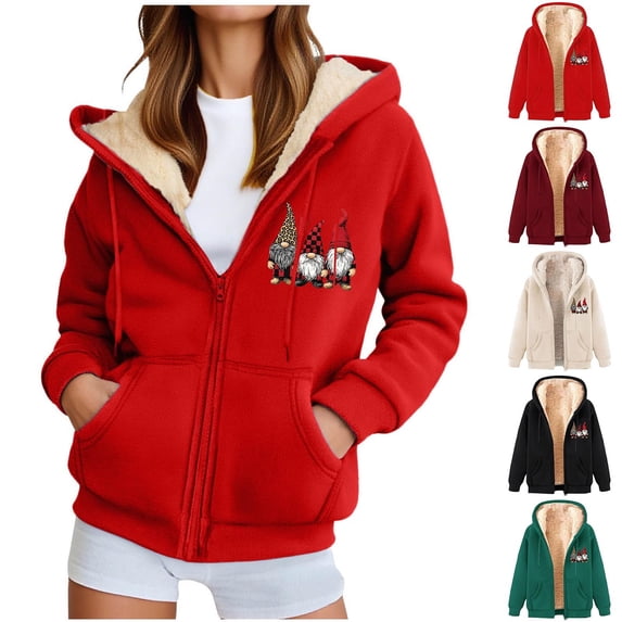 Zynoxe Womens Plus Size Sherpa Jacket Winter Warm Fashion Christmas Print Zip Up Drawstring Hooded Lined Fleece Coat with PocketsWine9L